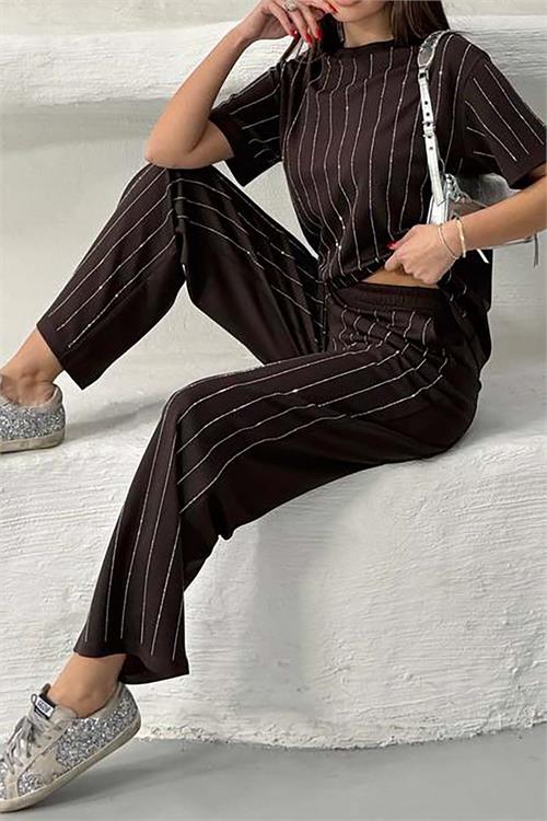 Kadın Kahverengi Çizgili Taş Detaylı Pantolon Tişört Takım ESR028 