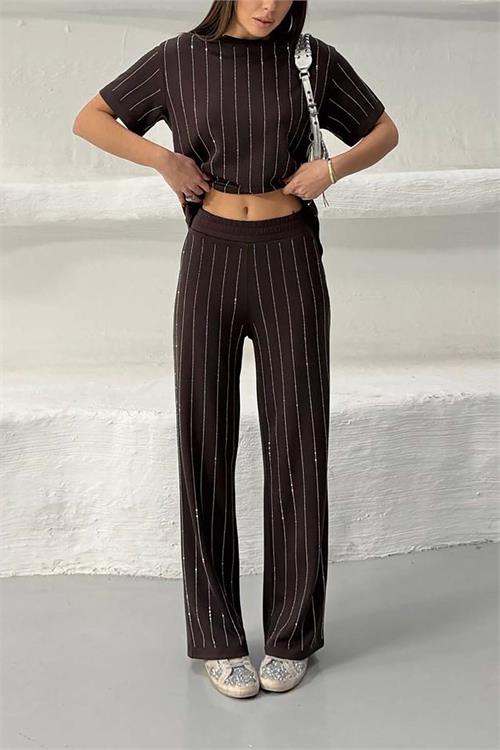 Kadın Kahverengi Çizgili Taş Detaylı Pantolon Tişört Takım ESR028 