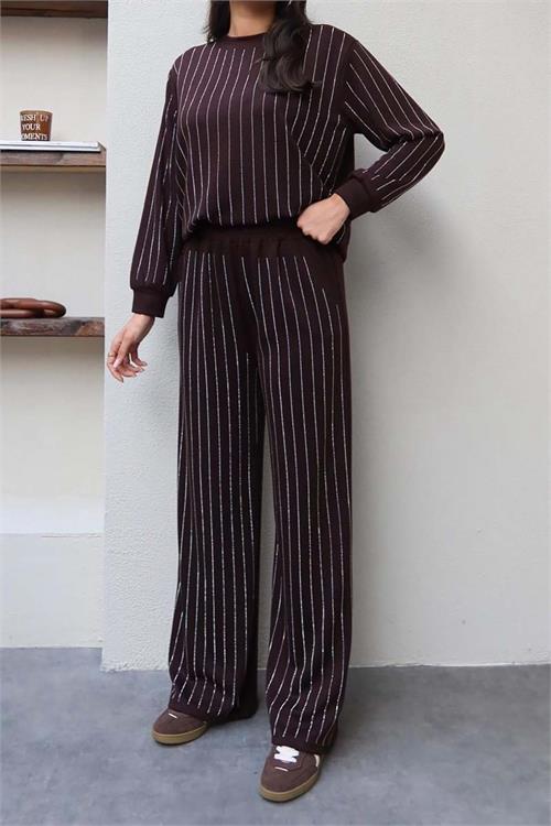 Kadın Kahve Taş Detaylı Işıltılı İkili Takım – Sweat & Pantolon ESR015 
