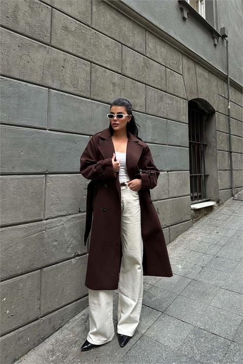 Kadın Kahve Kuşaklı Rahat Kalıp Astarlı Kaban | Şık Model ESR002 