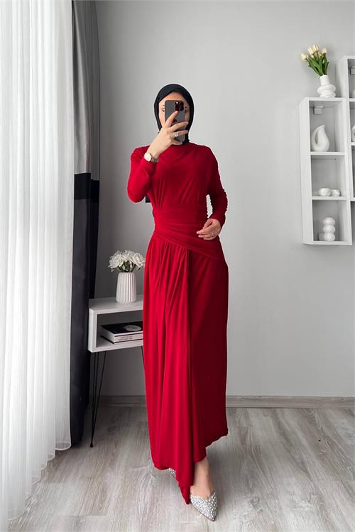 XXL Butik kadın kırmızı likralı drapeli tesettür elbise X-NMS047 