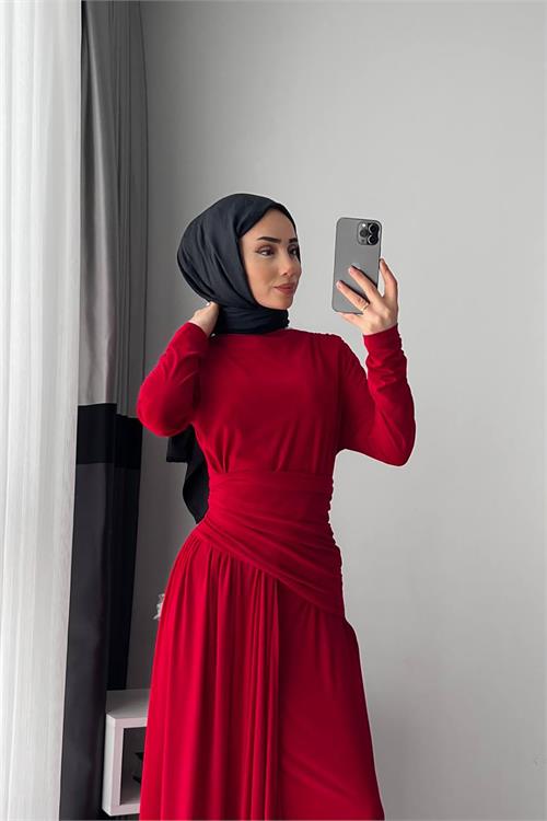 XXL Butik kadın kırmızı likralı drapeli tesettür elbise X-NMS047 