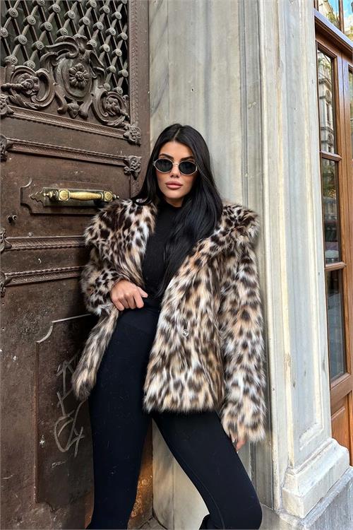 Kadın Leopar Desenli Oversize Suni Kürk Çıt Çıtlı Astarlı Kaban ESR004 