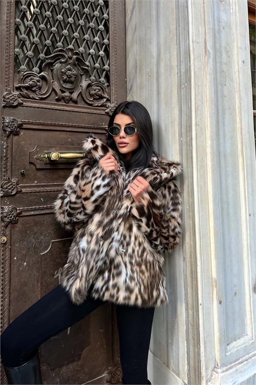 Kadın Leopar Desenli Oversize Suni Kürk Çıt Çıtlı Astarlı Kaban ESR004 