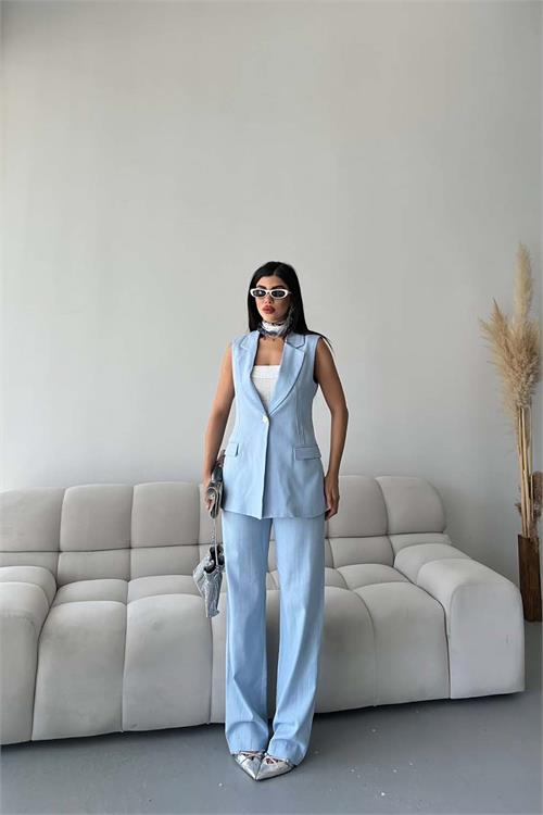Kadın Mavi Keten Kumaş Yelek Pantolon Takım ESR086 