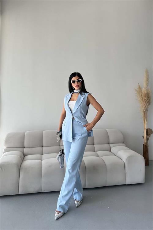 Kadın Mavi Keten Kumaş Yelek Pantolon Takım ESR086 