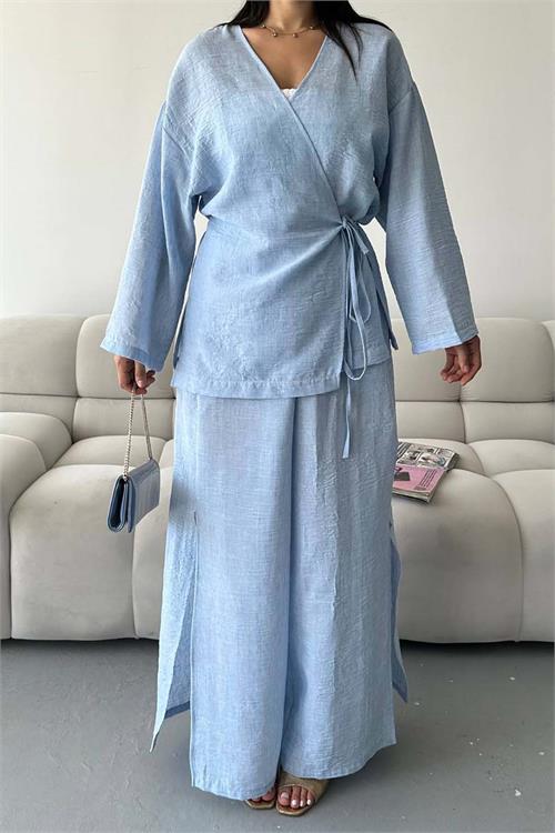 Kadın Mavi Keten Kumaş Yan Bağlamalı Takım ESR087 