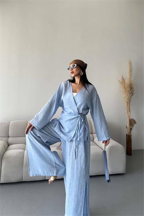Kadın Mavi Keten Kumaş Yan Bağlamalı Takım ESR087 