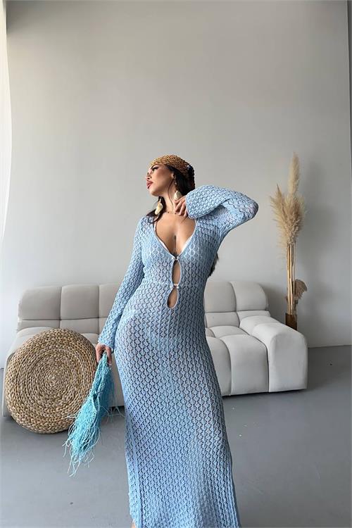 Kadın mavi inci detaylı maxi boy triko pareo XXLML28 