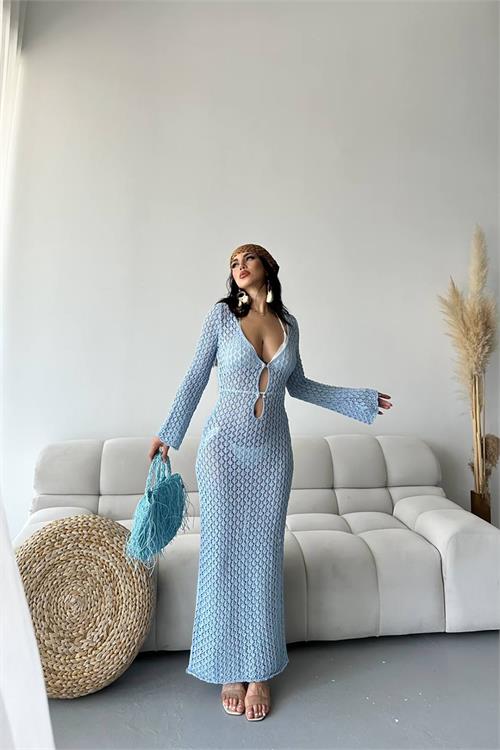 Kadın mavi inci detaylı maxi boy triko pareo XXLML28 