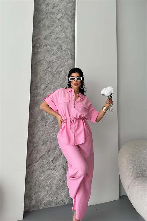 Kadın Pudra Keten Kumaş Ön Bağlamalı Takım ESR088 