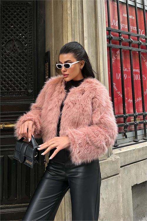 Kadın Pembe Yumuşak Dokulu Kısa Kürk Mont ESR008 