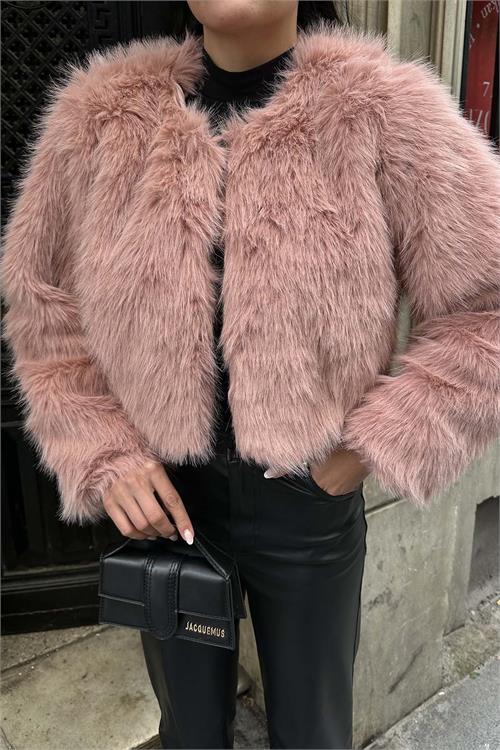 Kadın Pembe Yumuşak Dokulu Kısa Kürk Mont ESR008 