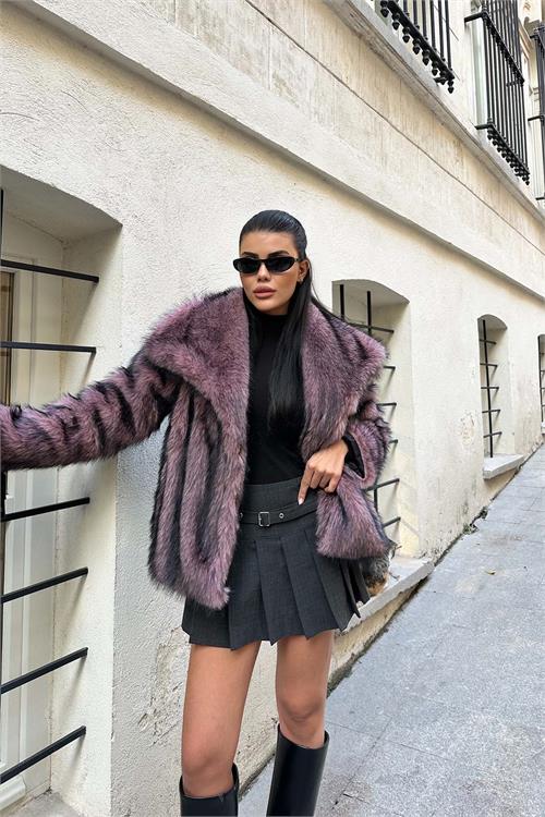 Kadın Pembe Oversize Kürk Kaban Çıtçıtlı Cepli Astarlı ESR014 