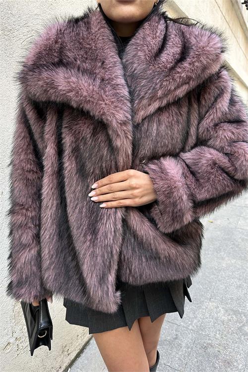 Kadın Pembe Oversize Kürk Kaban Çıtçıtlı Cepli Astarlı ESR014 