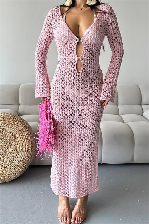 Kadın pembe inci detaylı maxi boy triko pareo XXLML28 