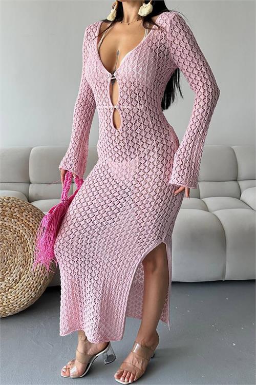 Kadın pembe inci detaylı maxi boy triko pareo XXLML28 
