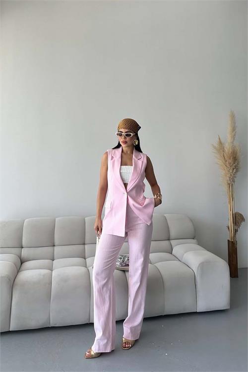Kadın Pudra Keten Kumaş Yelek Pantolon Takım ESR086 