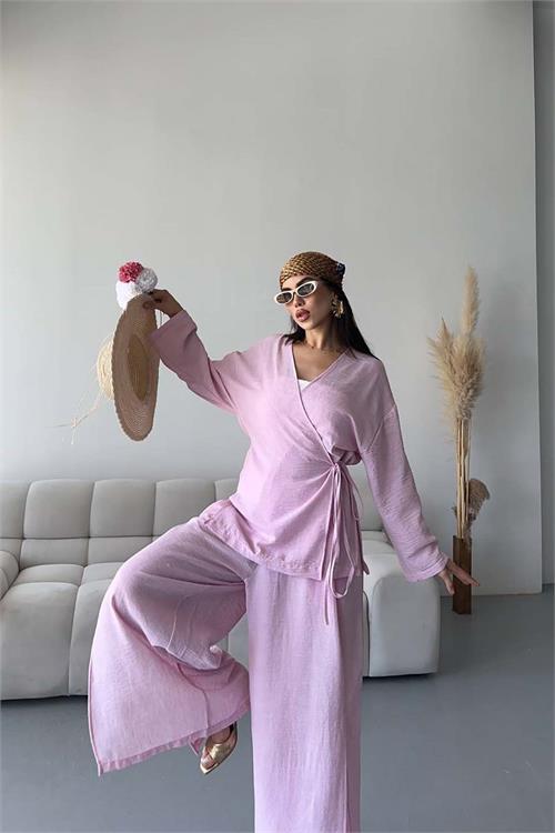 Kadın Pudra Keten Kumaş Yan Bağlamalı Takım ESR087 