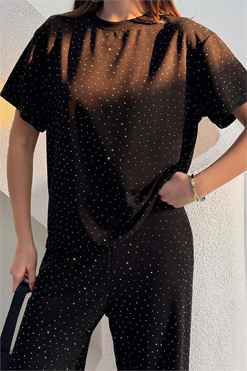 Kadın Siyah Modal Kumaş Taş Detaylı Pantolon Tişört Takım ESR044 
