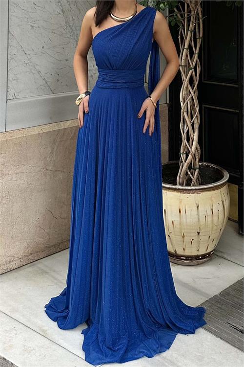 Kadın Saks Mavisi Tek Omuz Simli Kumaş Işıltılı Maxi Abiye Elbise ESR030 