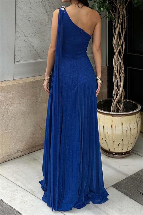 Kadın Saks Mavisi Tek Omuz Simli Kumaş Işıltılı Maxi Abiye Elbise ESR030 
