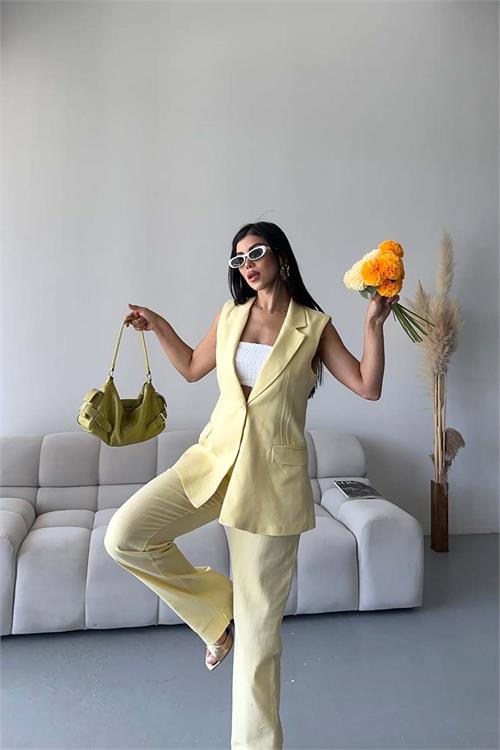 Kadın Sarı Keten Kumaş Yelek Pantolon Takım ESR086 