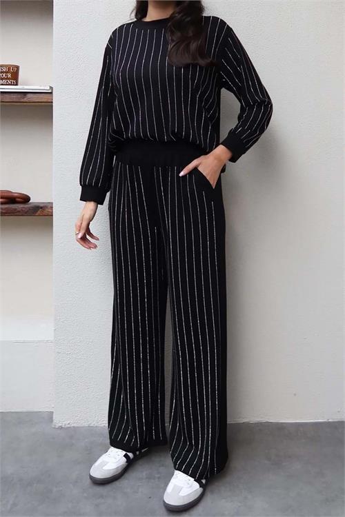Kadın Siyah Taş Detaylı Işıltılı İkili Takım – Sweat & Pantolon ESR015 