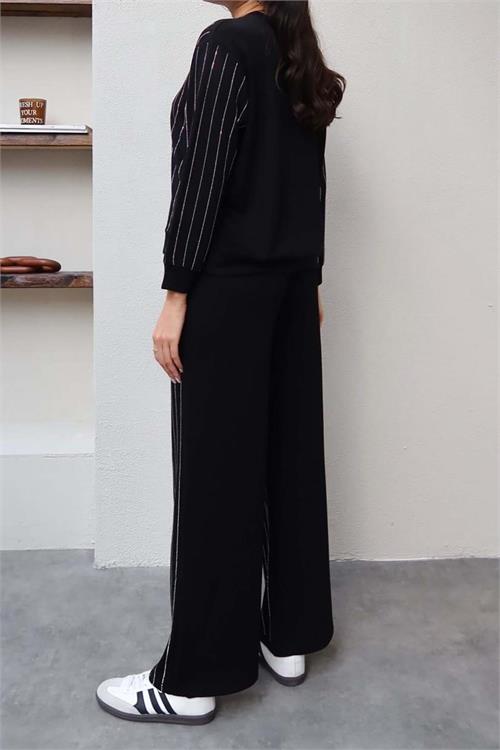 Kadın Siyah Taş Detaylı Işıltılı İkili Takım – Sweat & Pantolon ESR015 