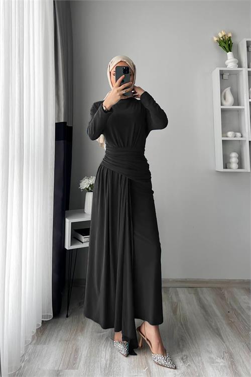 XXL Butik kadın siyah likralı drapeli tesettür elbise X-NMS047 