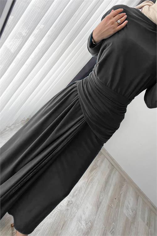 XXL Butik kadın siyah likralı drapeli tesettür elbise X-NMS047 