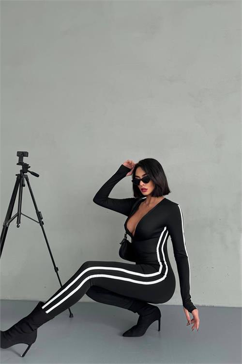 XXL Butik kadın siyah fermuar detaylı tulum X-NBDF098 