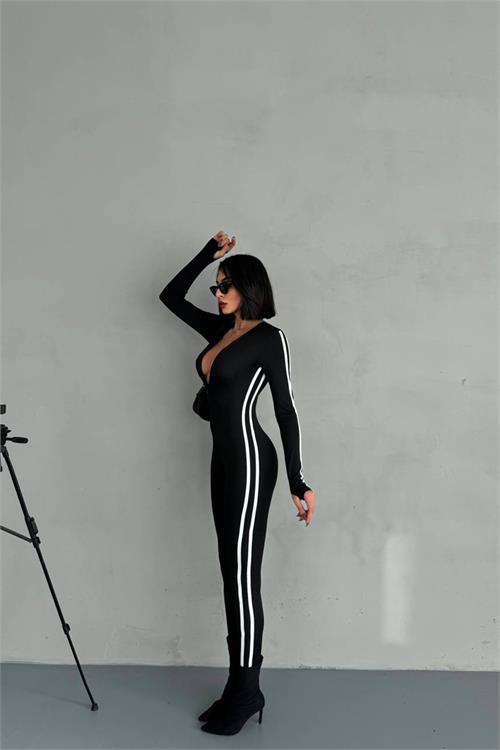 XXL Butik kadın siyah fermuar detaylı tulum X-NBDF098 