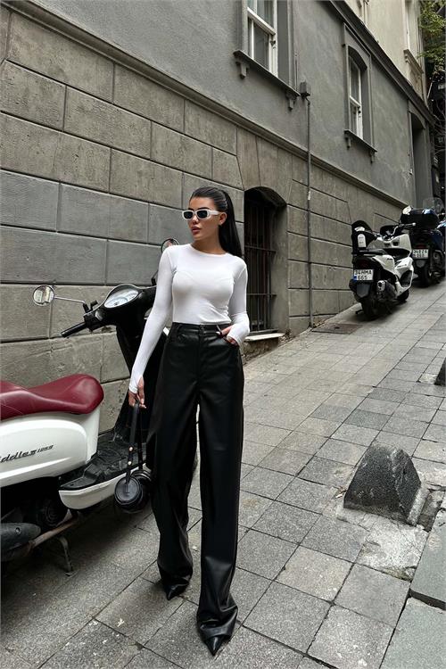 Kadın Siyah Yüksek Bel Deri Bol Paça Pantolon ESR009 