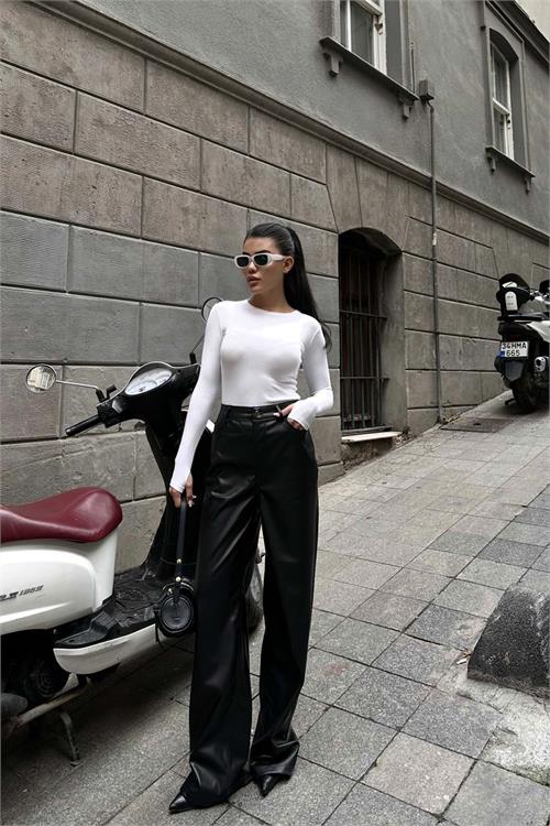 Kadın Siyah Yüksek Bel Deri Bol Paça Pantolon ESR009 