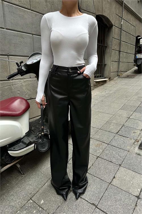 Kadın Siyah Yüksek Bel Deri Bol Paça Pantolon ESR009 