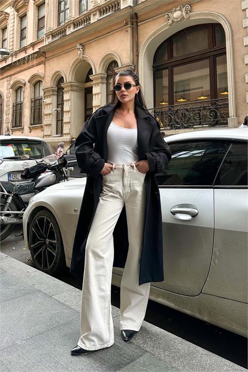 Kadın Siyah Kuşaklı Rahat Kalıp Astarlı Kaban | Şık Model ESR002 