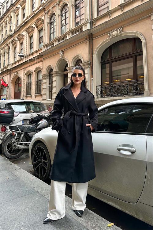 Kadın Siyah Kuşaklı Rahat Kalıp Astarlı Kaban | Şık Model ESR002 