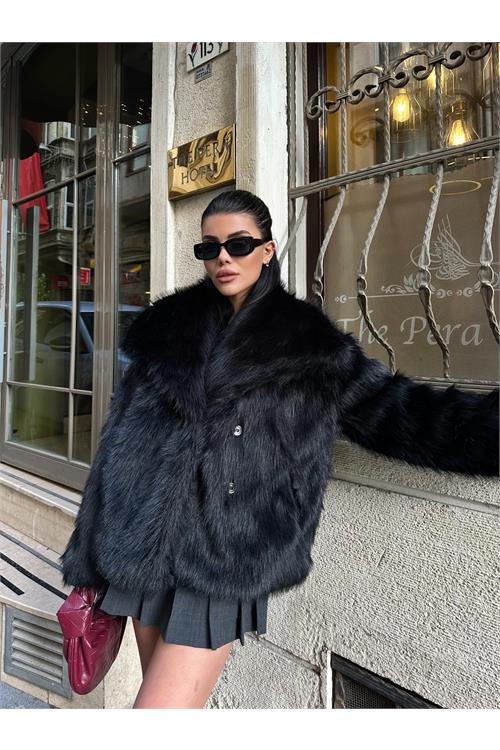 Kadın Siyah Oversize Suni Kürk Çıt Çıtlı Astarlı Kaban ESR003 