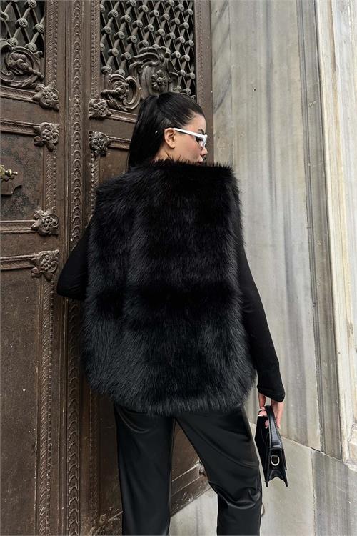 Kadın Siyah Oversize Peluş Kürk Yelek Astarlı Kışlık Yelek ESR010 