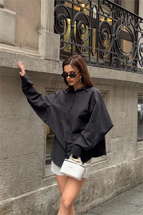 Kadın Siyah Oversize Gömlek Uzun Kollu Tasarım Model ESR078