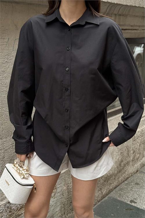 Kadın Siyah Oversize Gömlek Uzun Kollu Tasarım Model ESR078