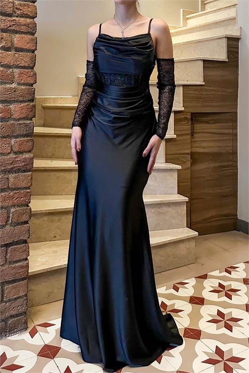 Kadın Siyah Saten Uzun Abiye Elbise Eldivenli Balık Model ESR035 