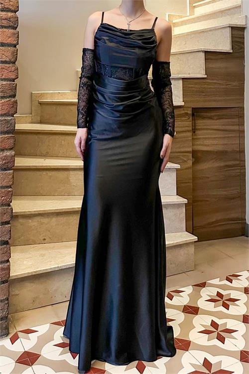 Kadın Siyah Saten Uzun Abiye Elbise Eldivenli Balık Model ESR035 