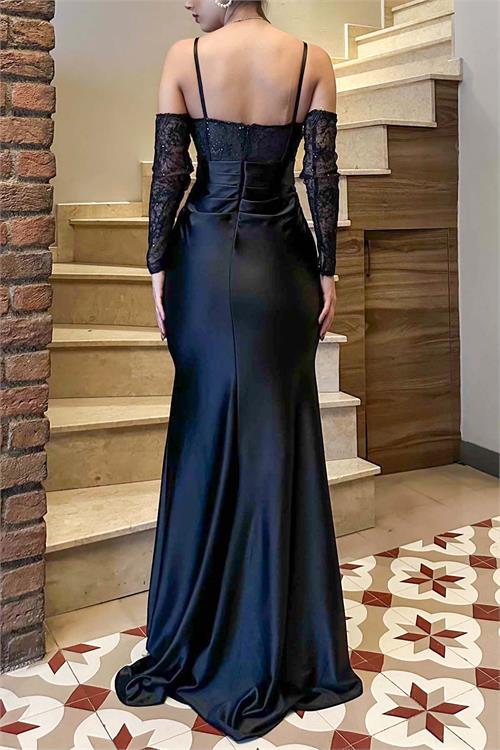 Kadın Siyah Saten Uzun Abiye Elbise Eldivenli Balık Model ESR035 