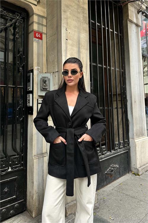 Kadın Siyah Süet Kemerli Kadın Ceket ESR011 