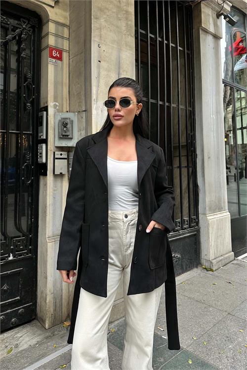 Kadın Siyah Süet Kemerli Kadın Ceket ESR011 