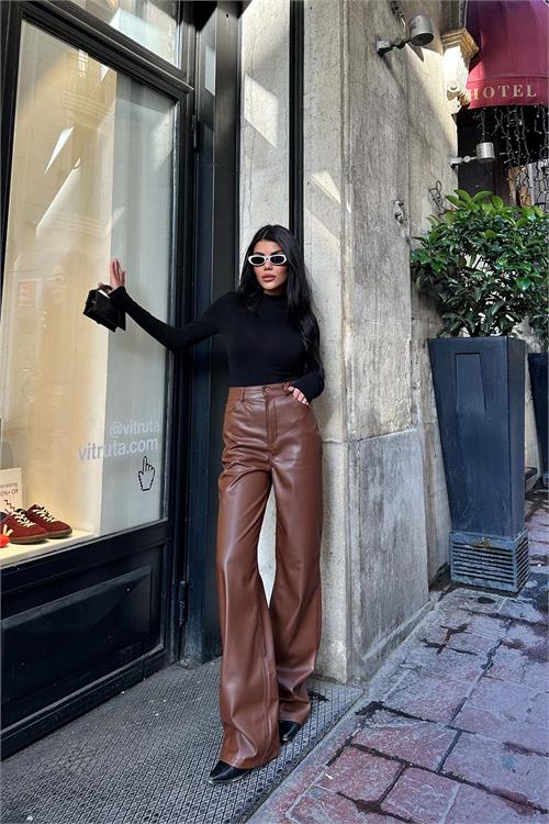 Kadın Taba Yüksek Bel Deri Bol Paça Pantolon ESR009 