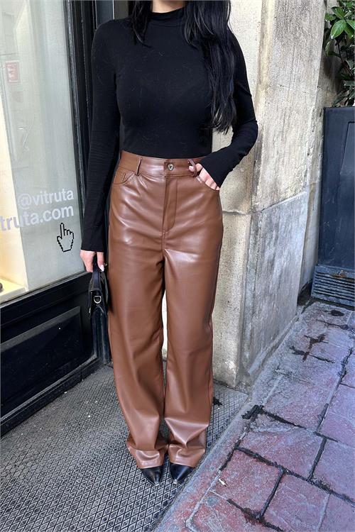 Kadın Taba Yüksek Bel Deri Bol Paça Pantolon ESR009 