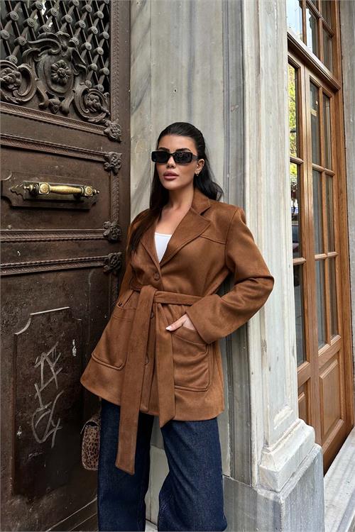 Kadın Taba Süet Kemerli Kadın Ceket ESR011 